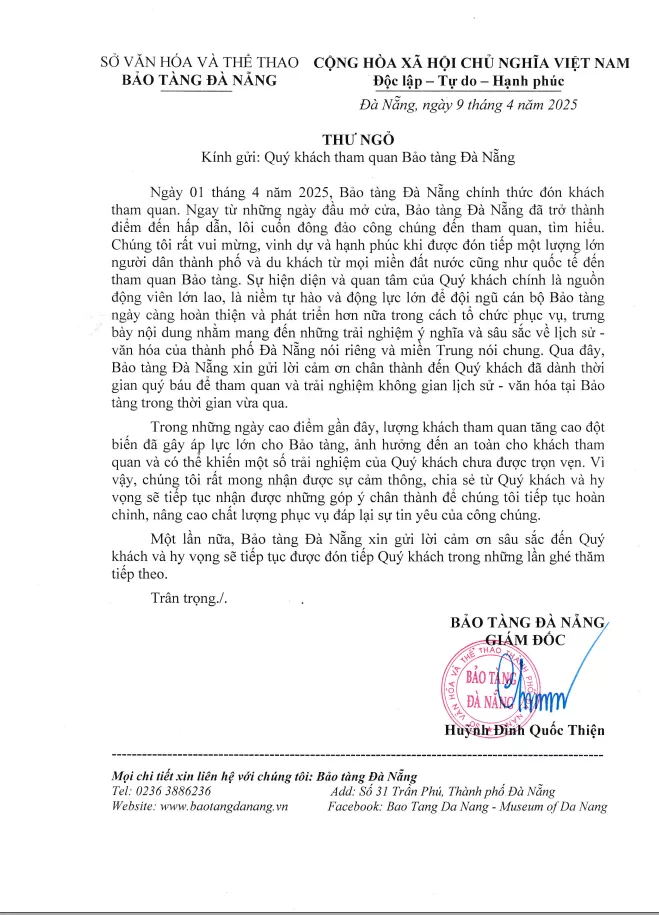 Thư ngỏ kính gửi quý khách tham quan Bảo tàng Đà Nẵng